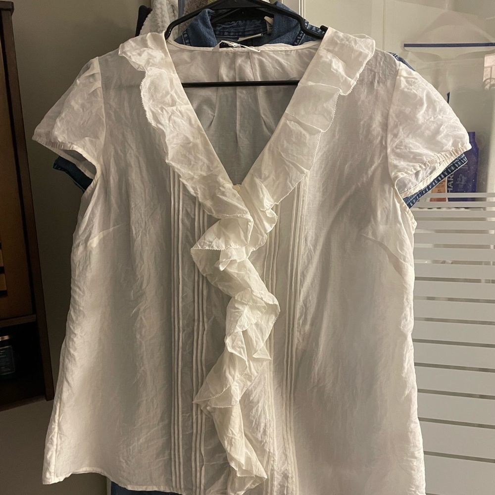 Banana Republic White Ruffle Front Short Sleeve Blouse